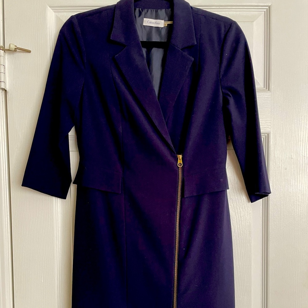 Calvin Klein navy blue, knee length dress with gold zipper.